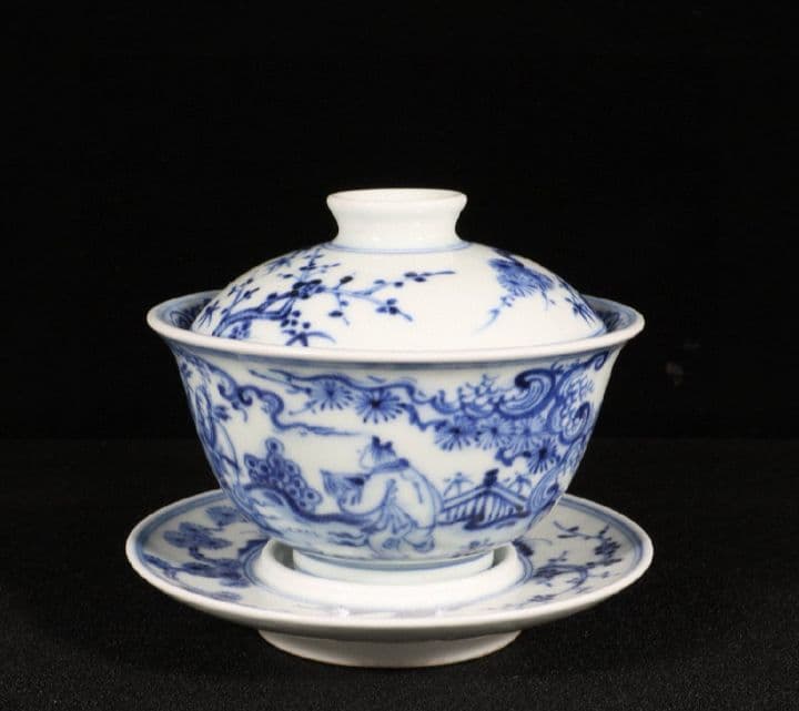 大明宣徳年製在銘 染付高仕図蓋碗