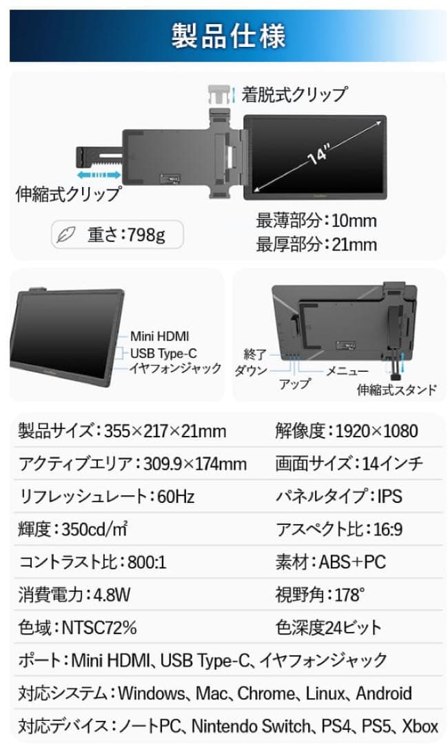 230°回転可能な14インチ/フルHD/スタンド一体型折り畳み式モバイルモニター