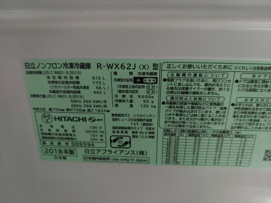 全国発送HITACHI 冷蔵庫 R-WX62J 保証期間内　ミラー　真空チルド