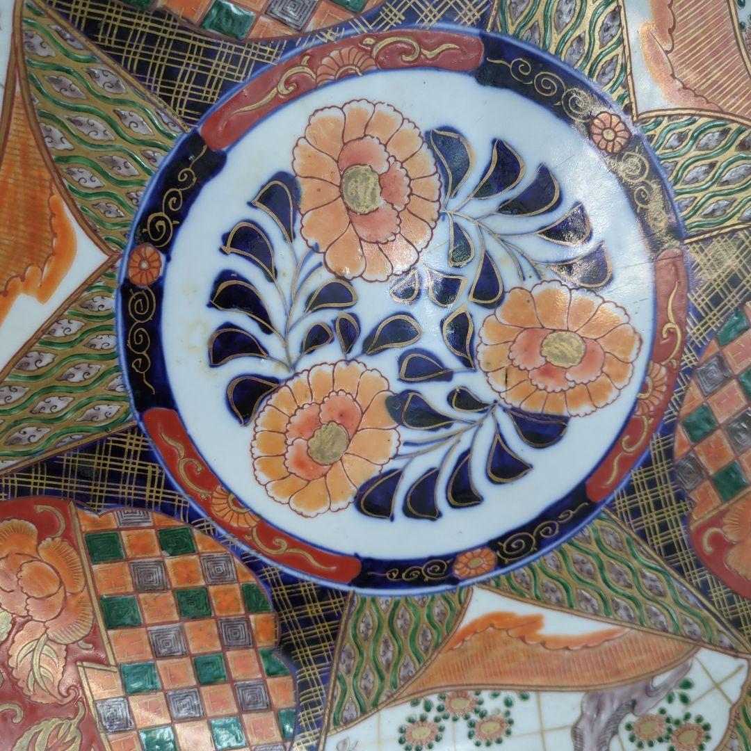 骨董 伊万里 直径45.7cm 大皿 染め錦 飾り皿 盛り皿 明治時代