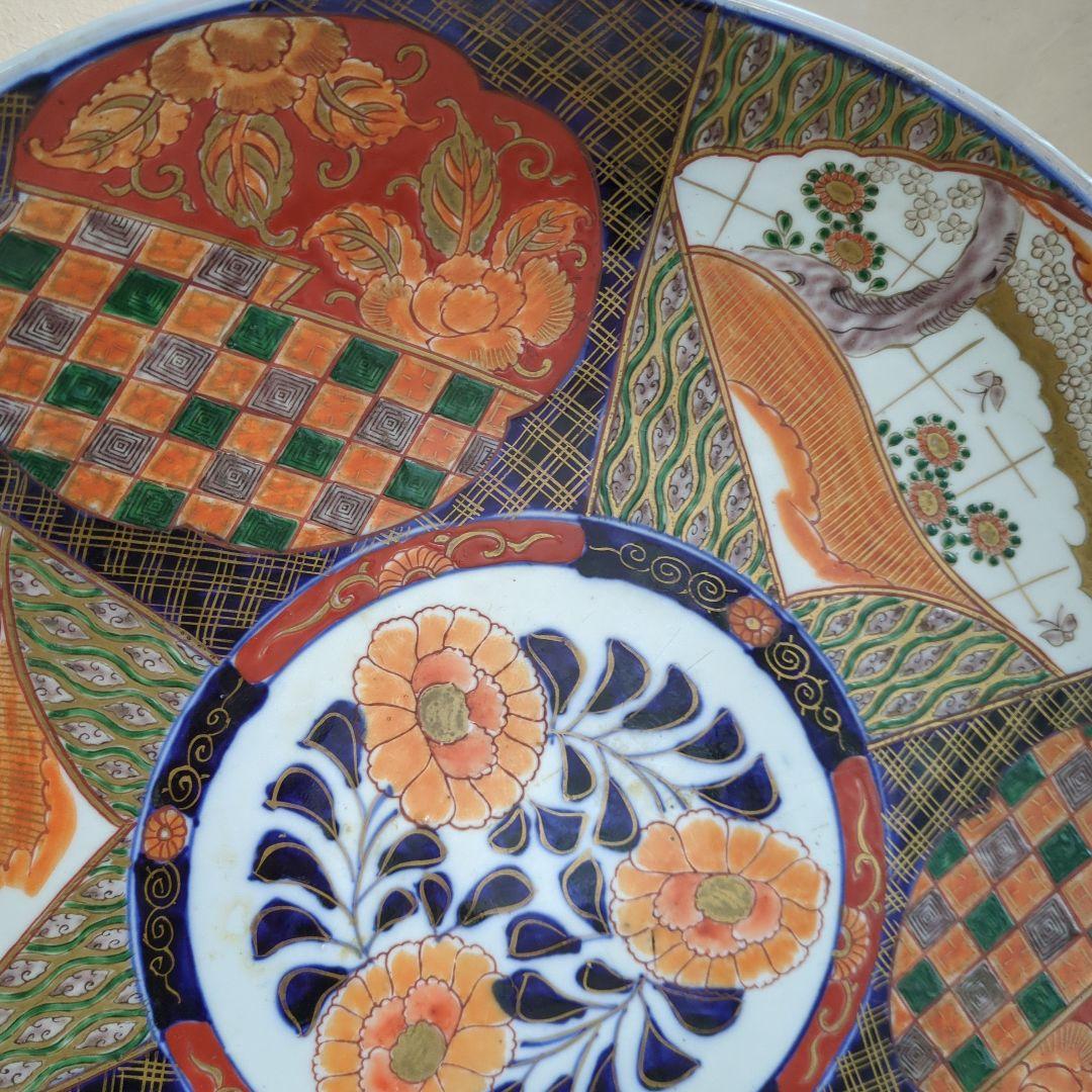 骨董 伊万里 直径45.7cm 大皿 染め錦 飾り皿 盛り皿 明治時代