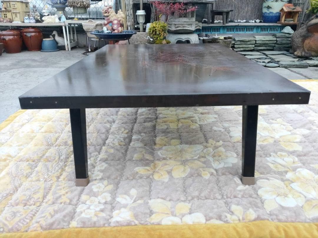 【時代物】竹林画☆彫刻板☆銅版張り☆折れ足 テーブル アンティークテーブル