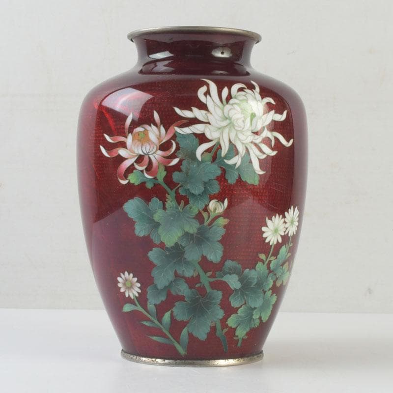 七宝焼　CLOISONNE刻印　赤透四君子文　花瓶　V　9875
