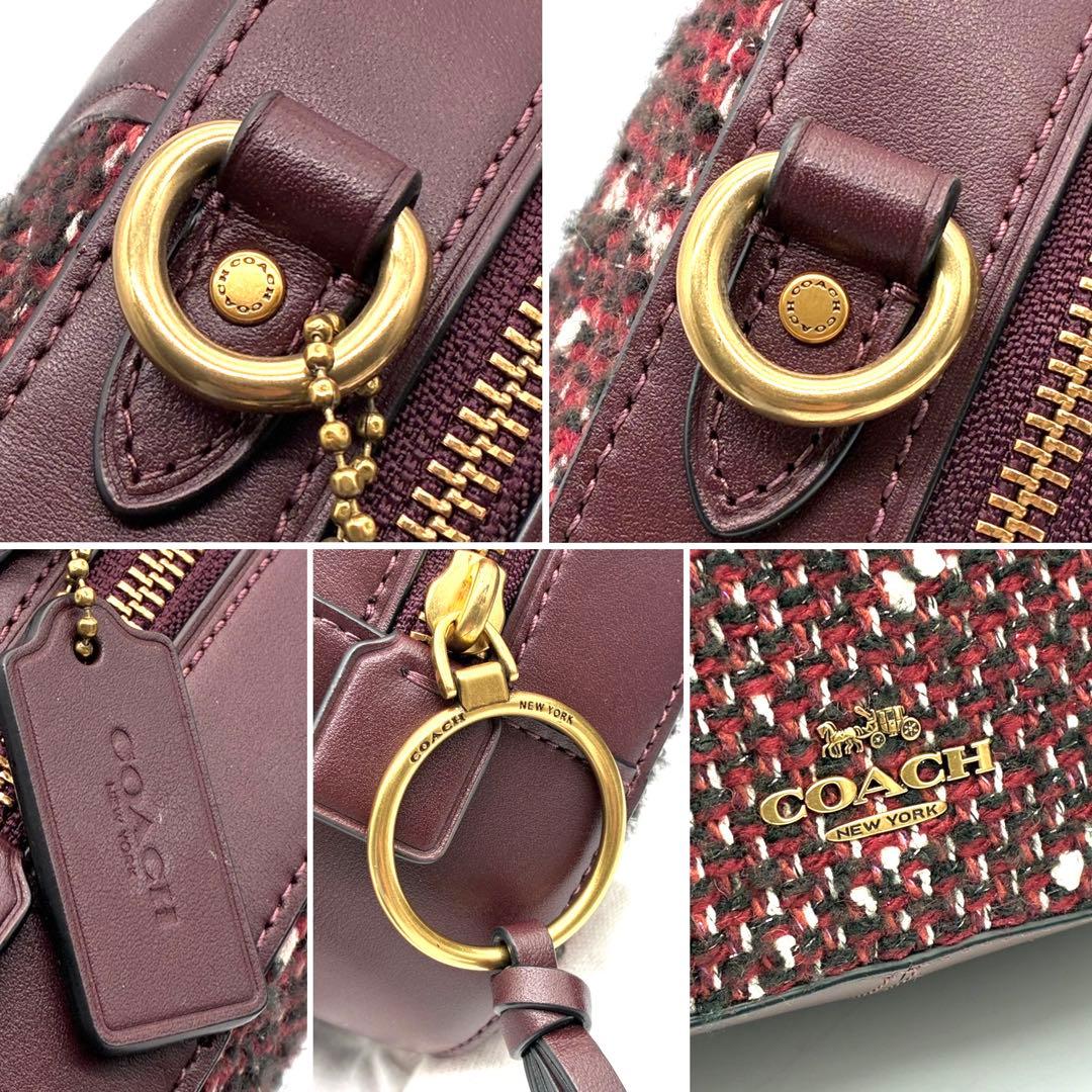 未使用に近い コーチ ショルダーバッグ ラメ ツイード レザー ロゴ ボルドー