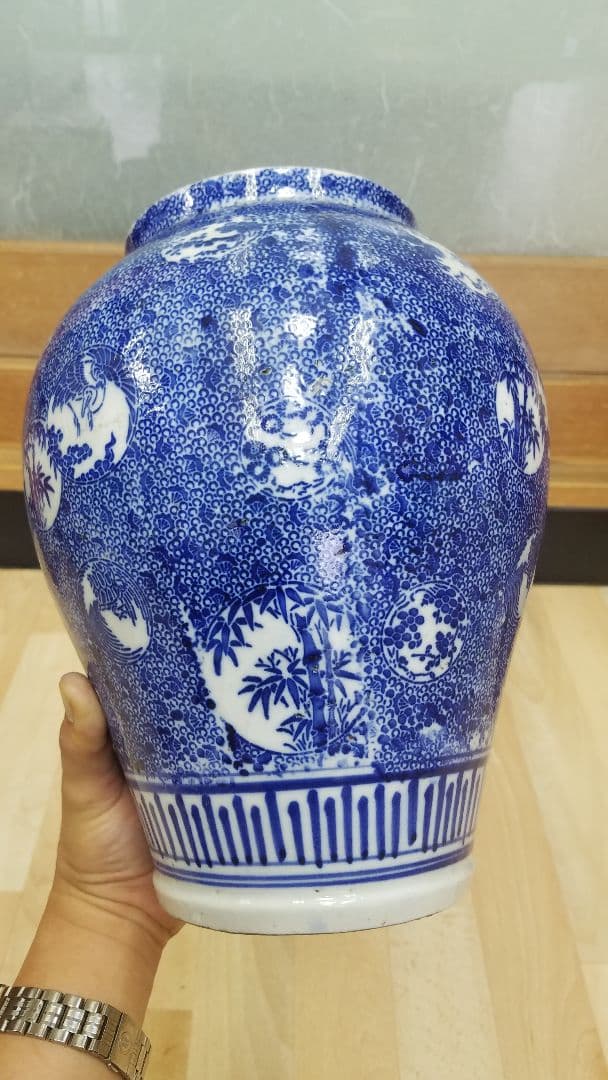 【沈香壺】　印判　微塵　窓絵　鶴亀　松竹梅　時代物　花瓶
