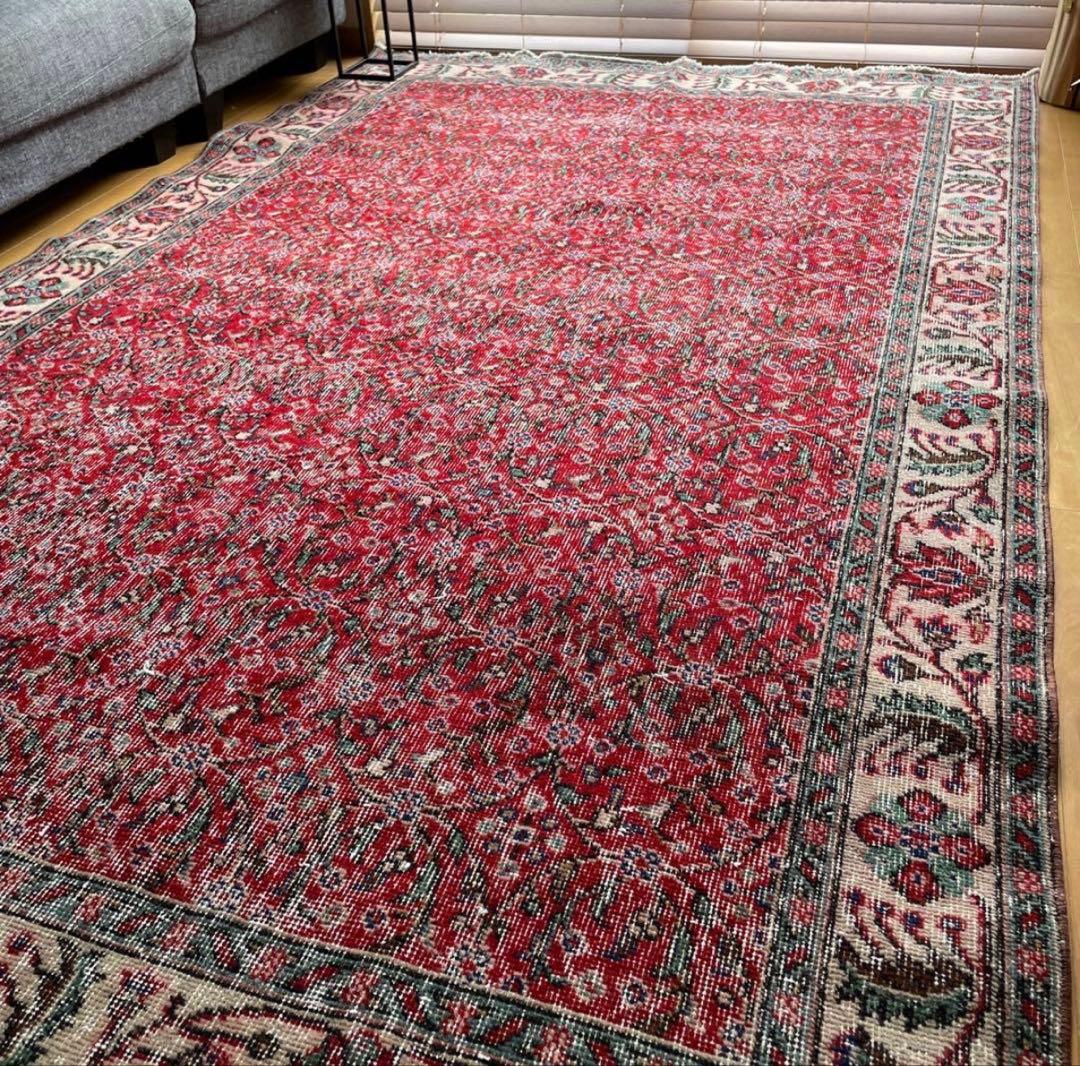 大判　162×262 クリーム縁取り　ストロベリー草花　トルコヴィンテージラグ