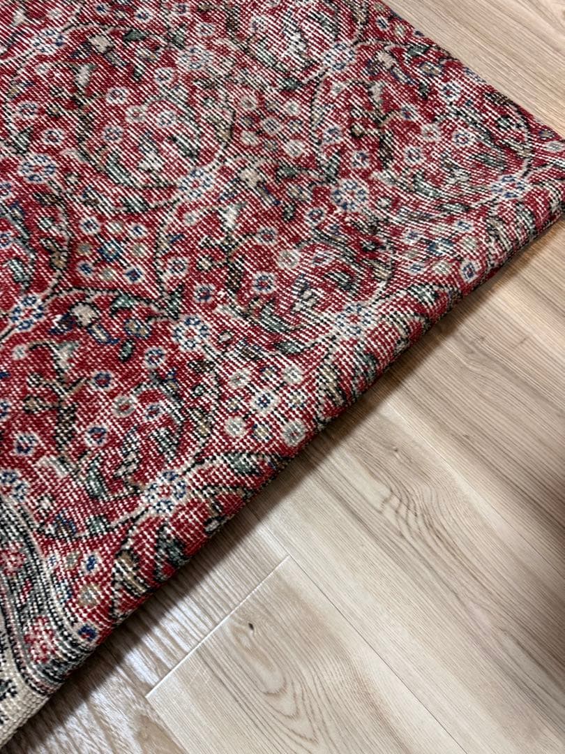 大判　162×262 クリーム縁取り　ストロベリー草花　トルコヴィンテージラグ