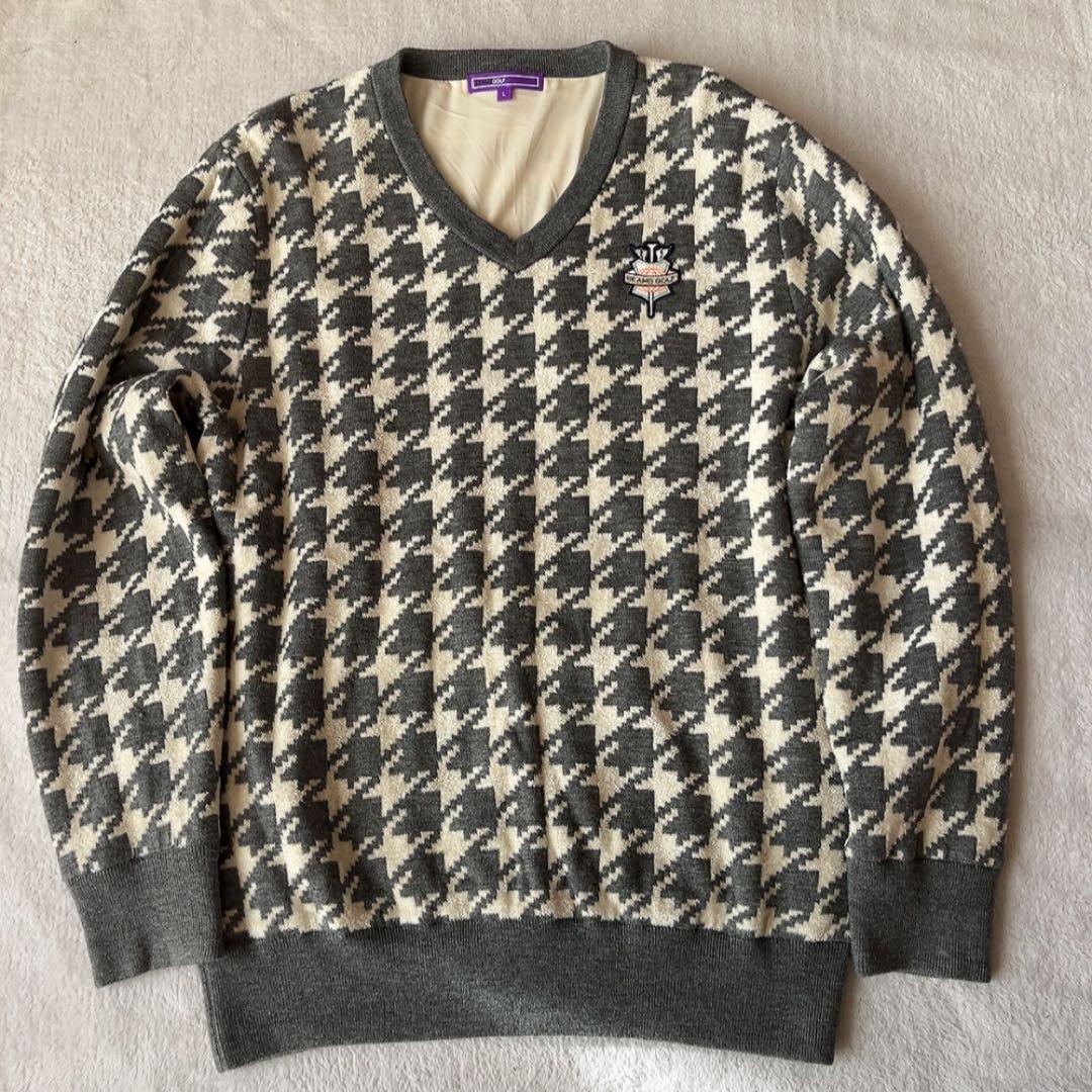 美品　ビームスゴルフ　ウール　セーター　千鳥　ニット　裏地付　防風　L