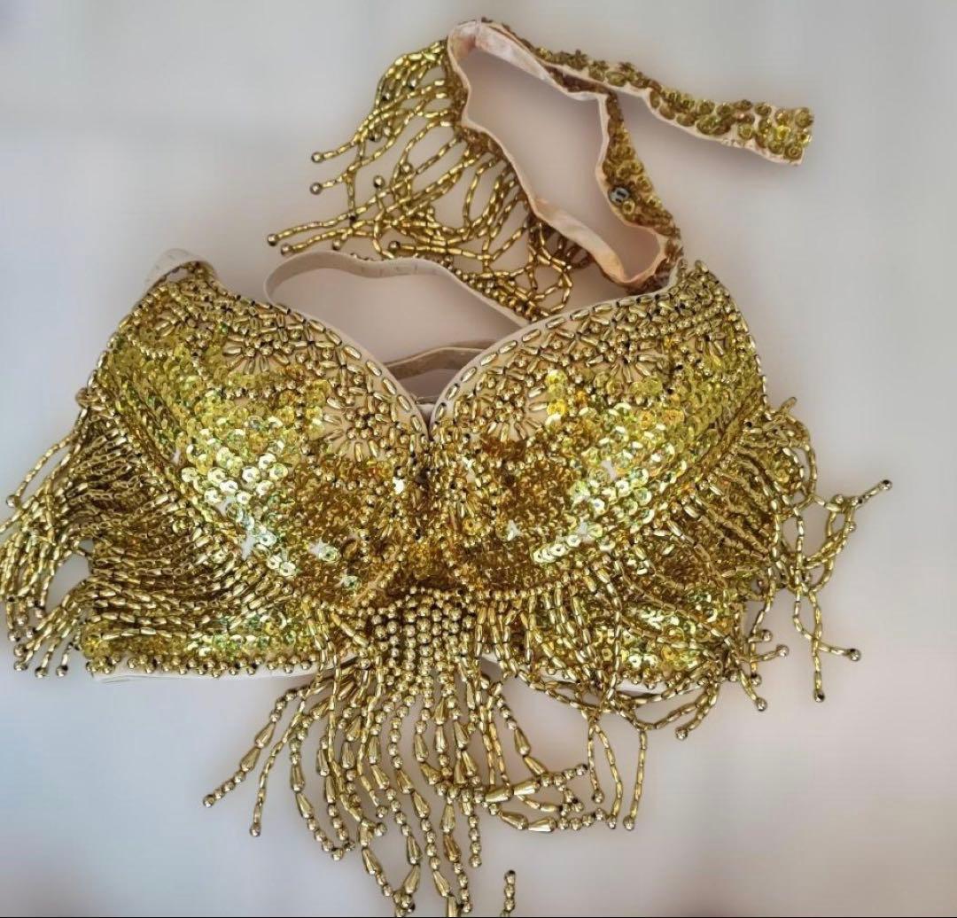 ベリーダンス衣装 オリエンタル衣装ゴールドブラ＆ベルト＆スカート＆チョーカー４点