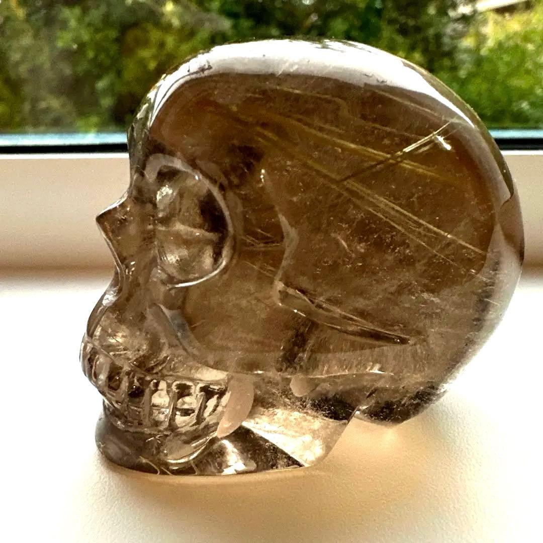 スモーキー　ルチル　スカル　146.8g ゴールデンルチル　金運