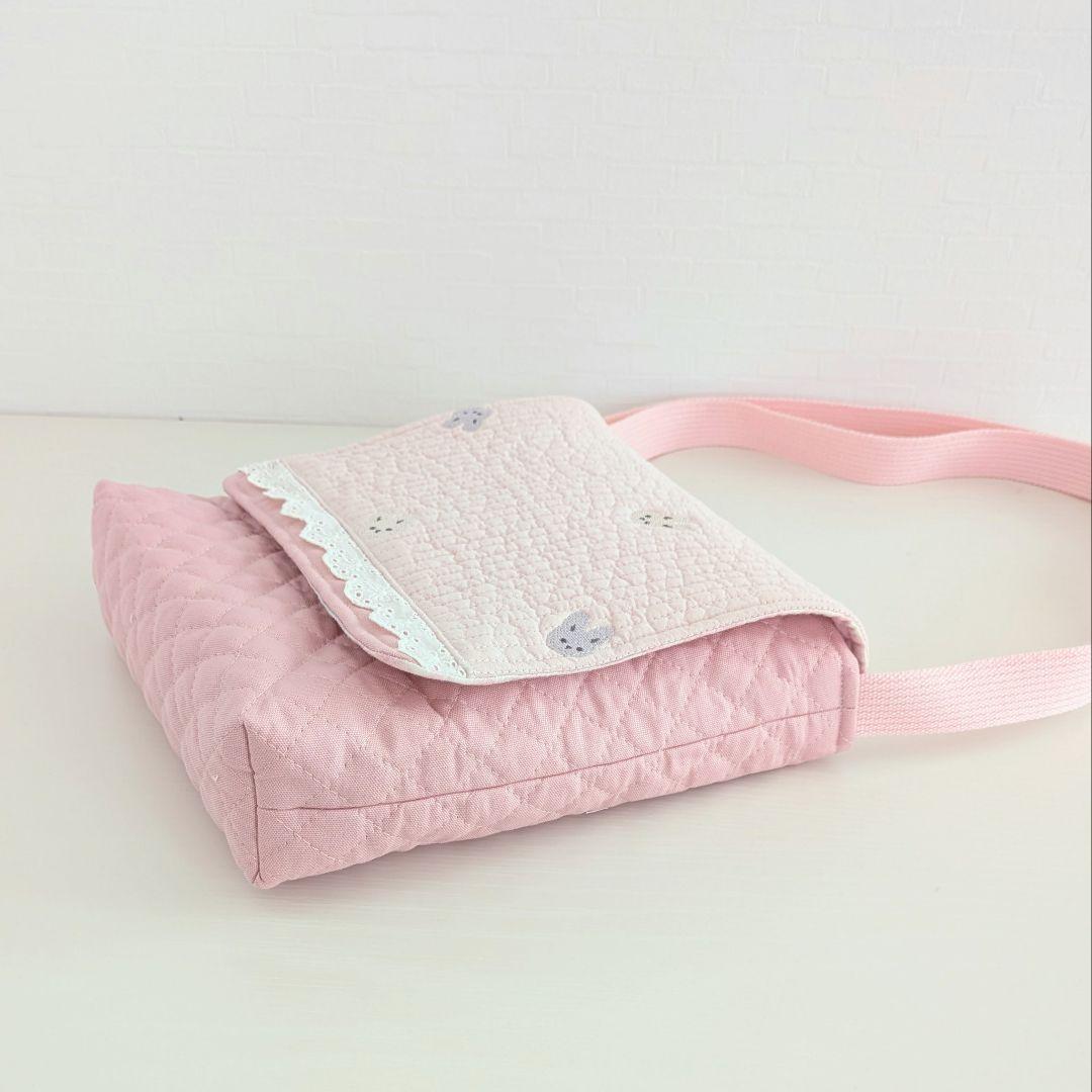 図書袋ショルダー　うさぎ刺繍ヌビ　通園バック　お弁当トートバッグ　お弁当袋