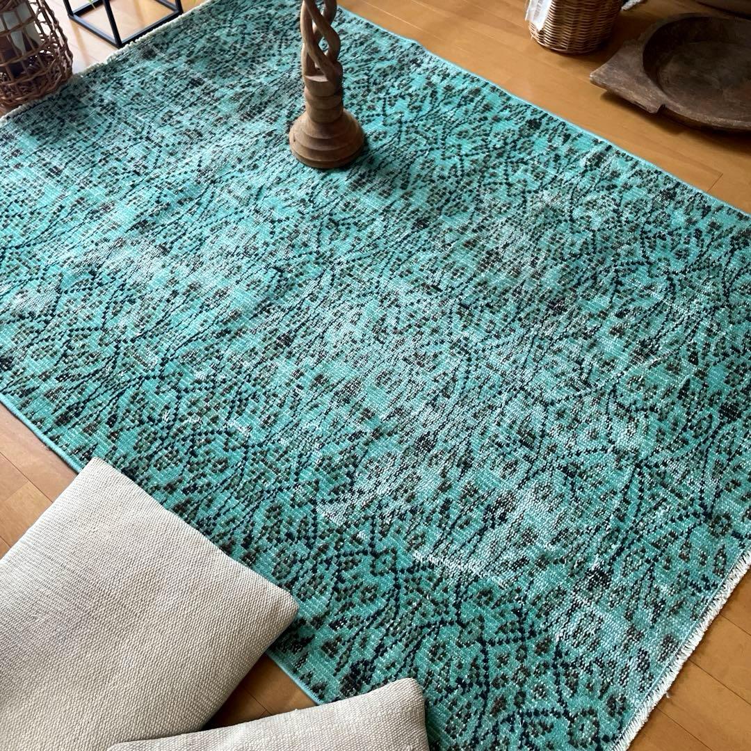110×150 ボタニカル　ターコイズオーバーダイ　トルコヴィンテージラグ