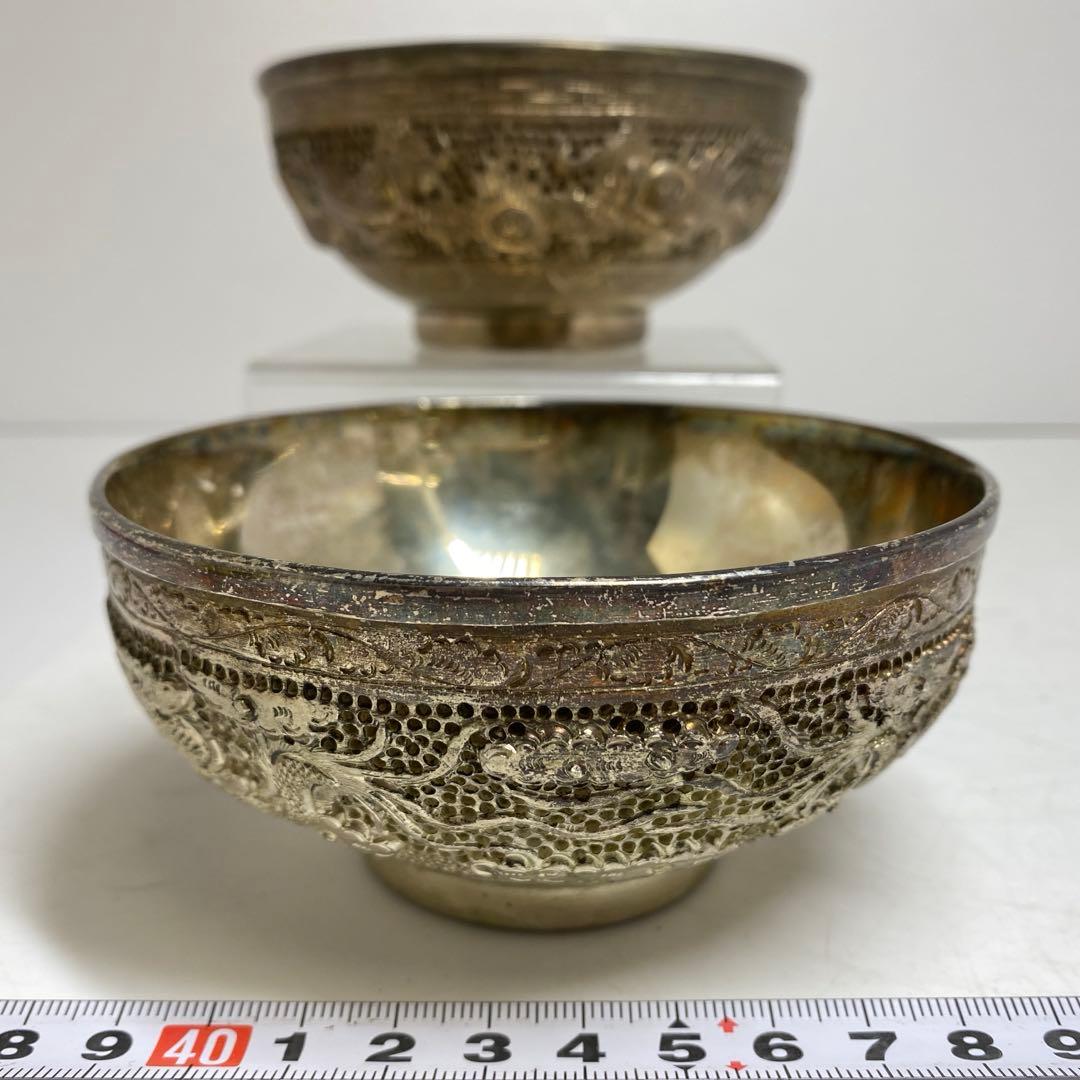 中国古玩　龍銀細工茶碗　2客　直径11.3㎝　521gタサオ　東な8-0104③