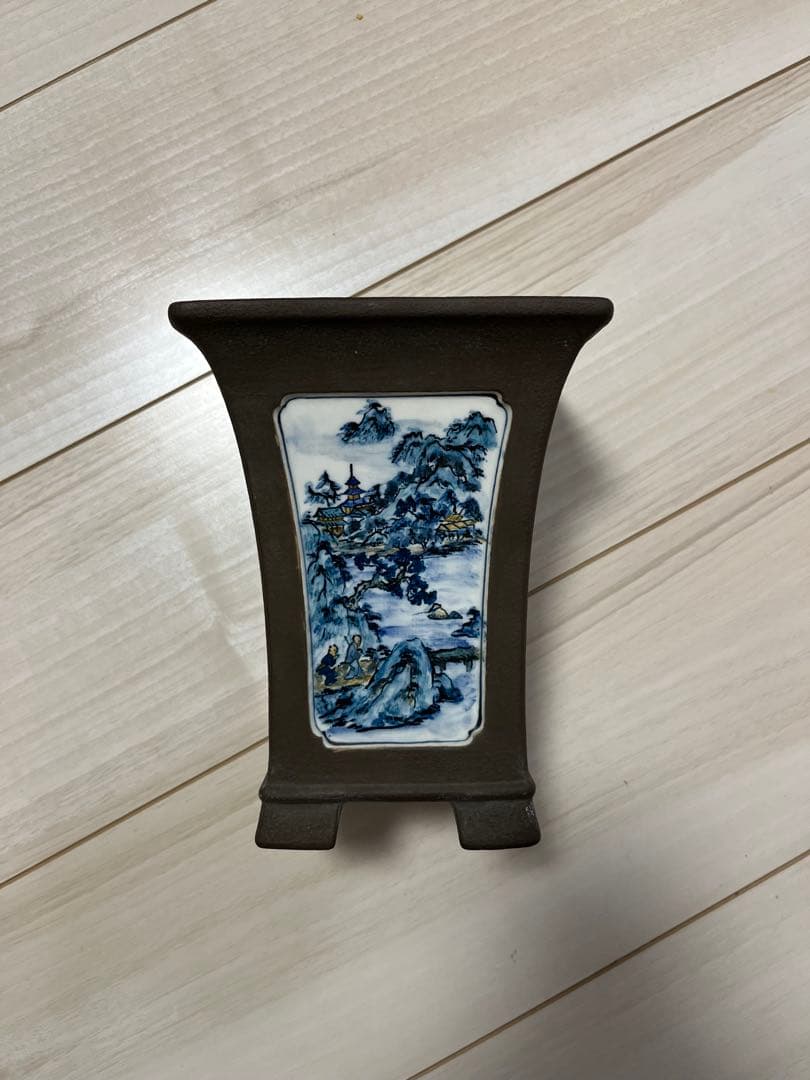 陶翠鉢　山水画デザインの陶器盆栽鉢