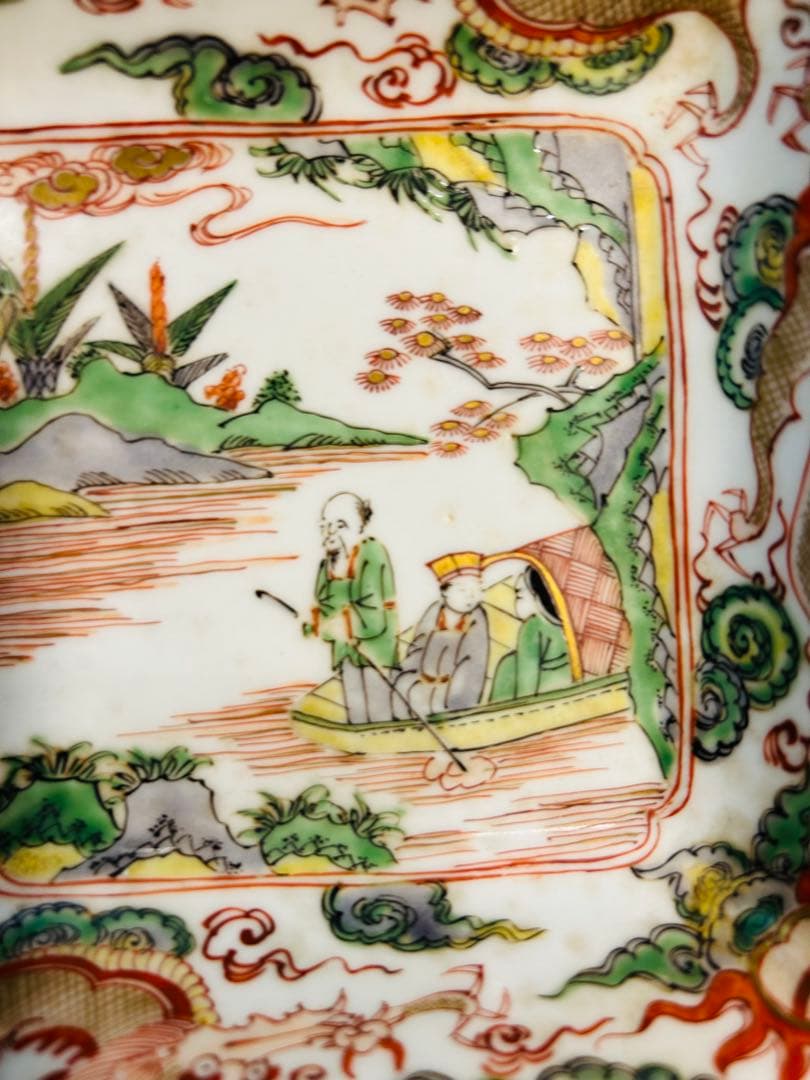 中国古玩南京赤絵角皿幅約14cm