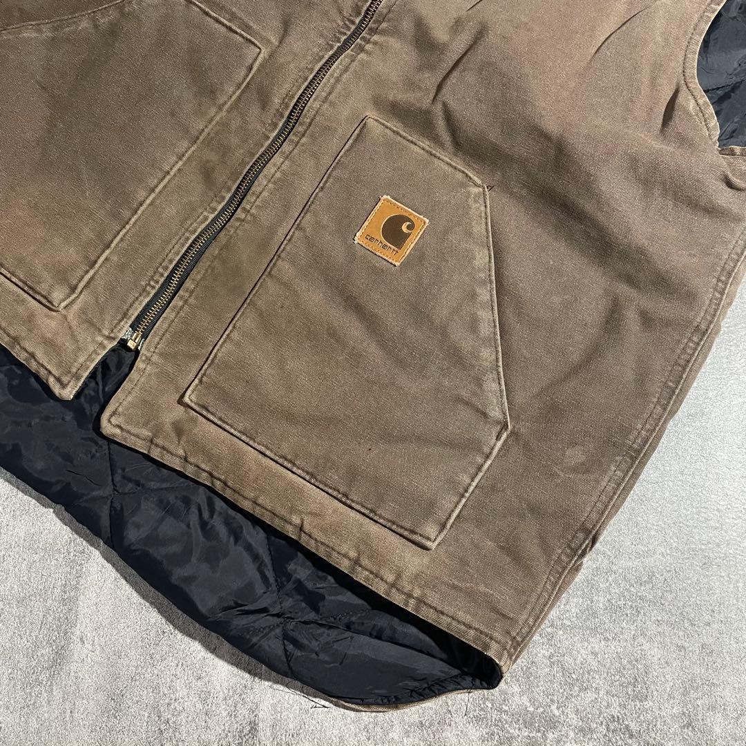 Carhartt ダックベスト古着キルティング ブラウン希少XLサイズ相当