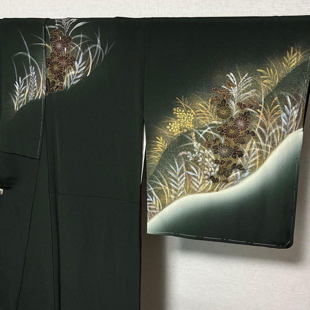 D101 訪問着 手描き花模様 縫い紋 正絹 着物 袷 しつけ糸付き未使用極美品
