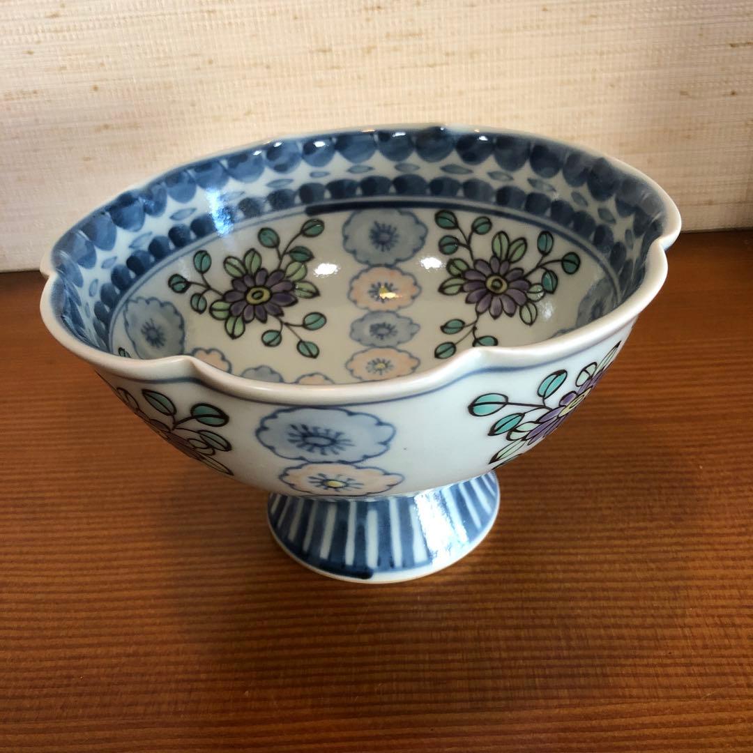 有田焼 六代走波 染錦 輪花文高杯鉢