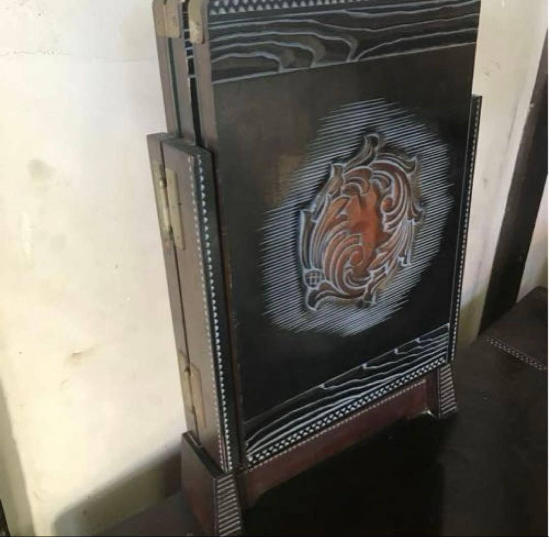 ビンテージ　木製　三面鏡　鏡台　木彫りの装飾が丁寧で雰囲気あります