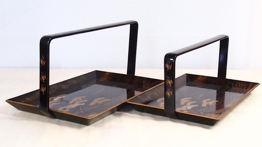 【骨董・良品】山水蒔絵 手付き盆 大小2点 三保の松原の図 古道具 検:輪島塗