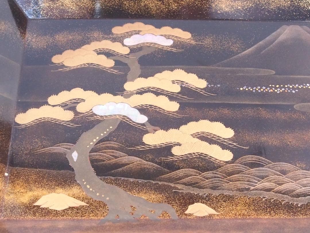 【骨董・良品】山水蒔絵 手付き盆 大小2点 三保の松原の図 古道具 検:輪島塗