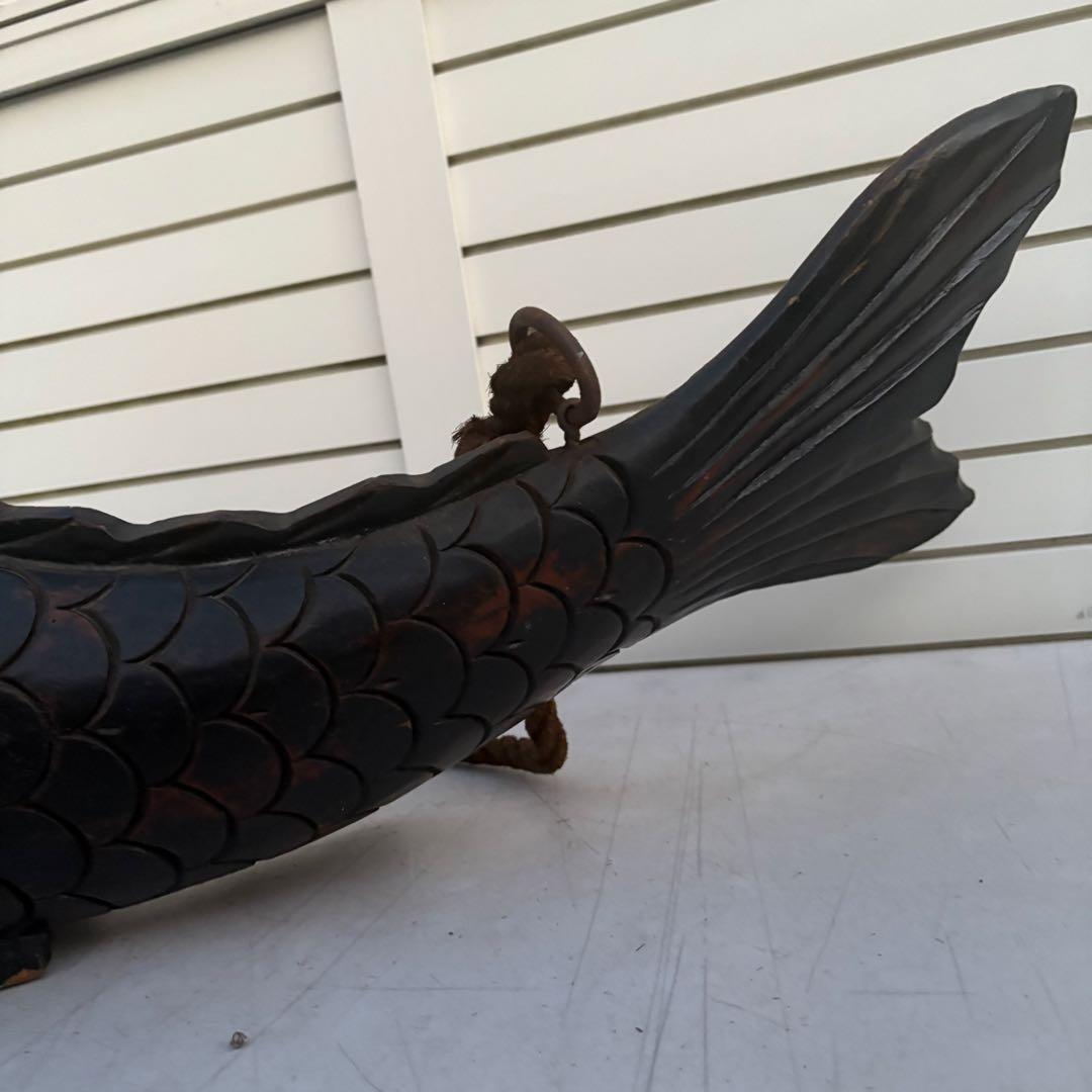 古作■自在鉤 無垢材 鯉型 精緻彫刻 吊り縄 鉄鈎付き 囲炉裏 古道具