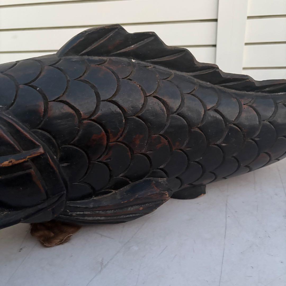 古作■自在鉤 無垢材 鯉型 精緻彫刻 吊り縄 鉄鈎付き 囲炉裏 古道具