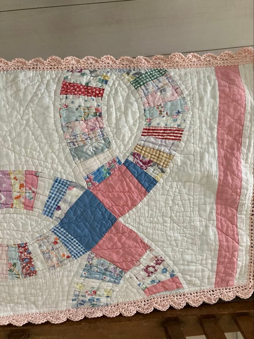 アンティークキルト　ダブルウエディング　ピンク系　フリーカバー