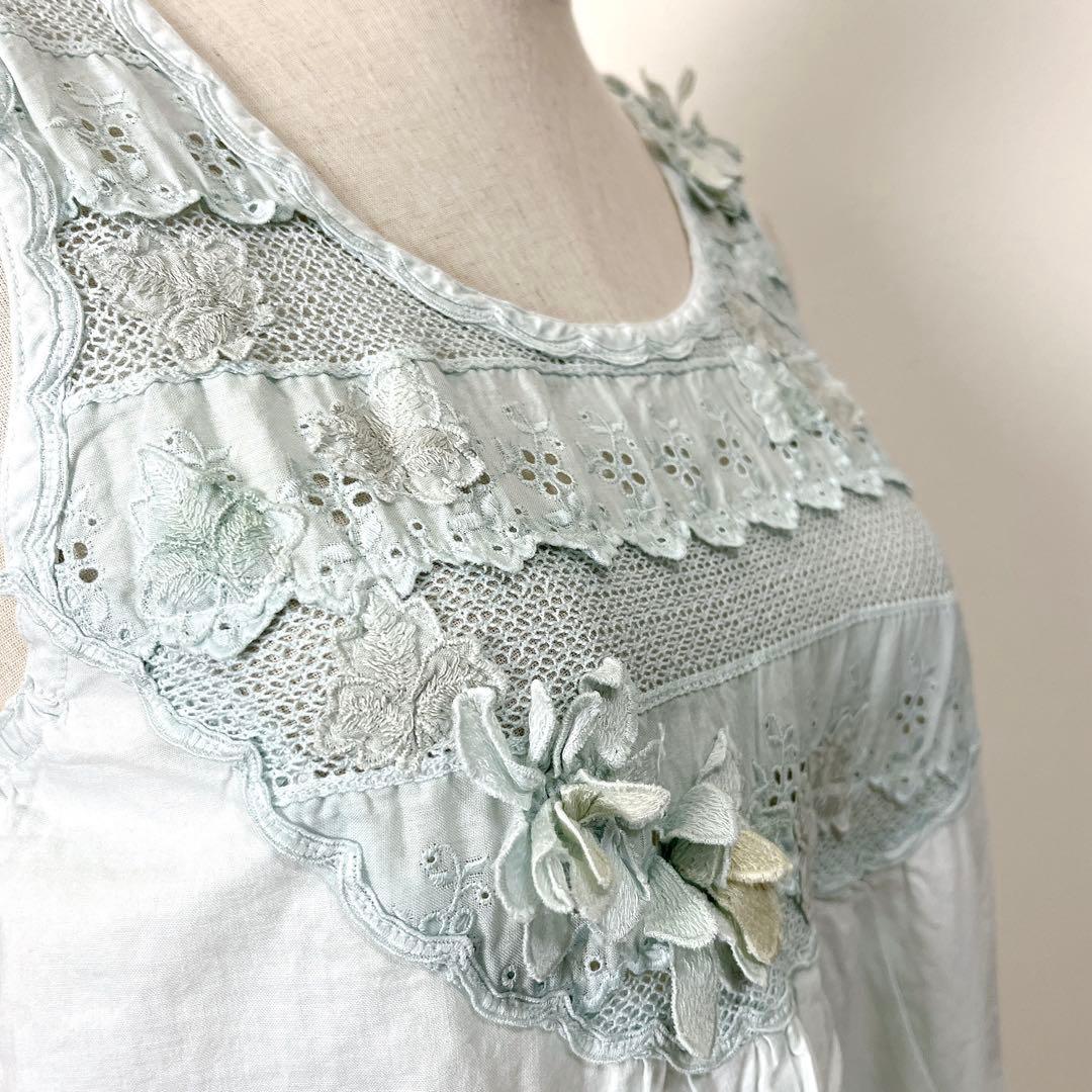 さえら Hischrone エプロン ブルー 薄水色 レース フラワー お花