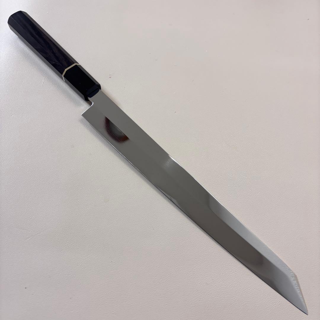 270mm 切付柳刃包丁 鏡面　黒檀黒水牛八角柄 刺身包丁 【全鋼】'鞘付き༩
