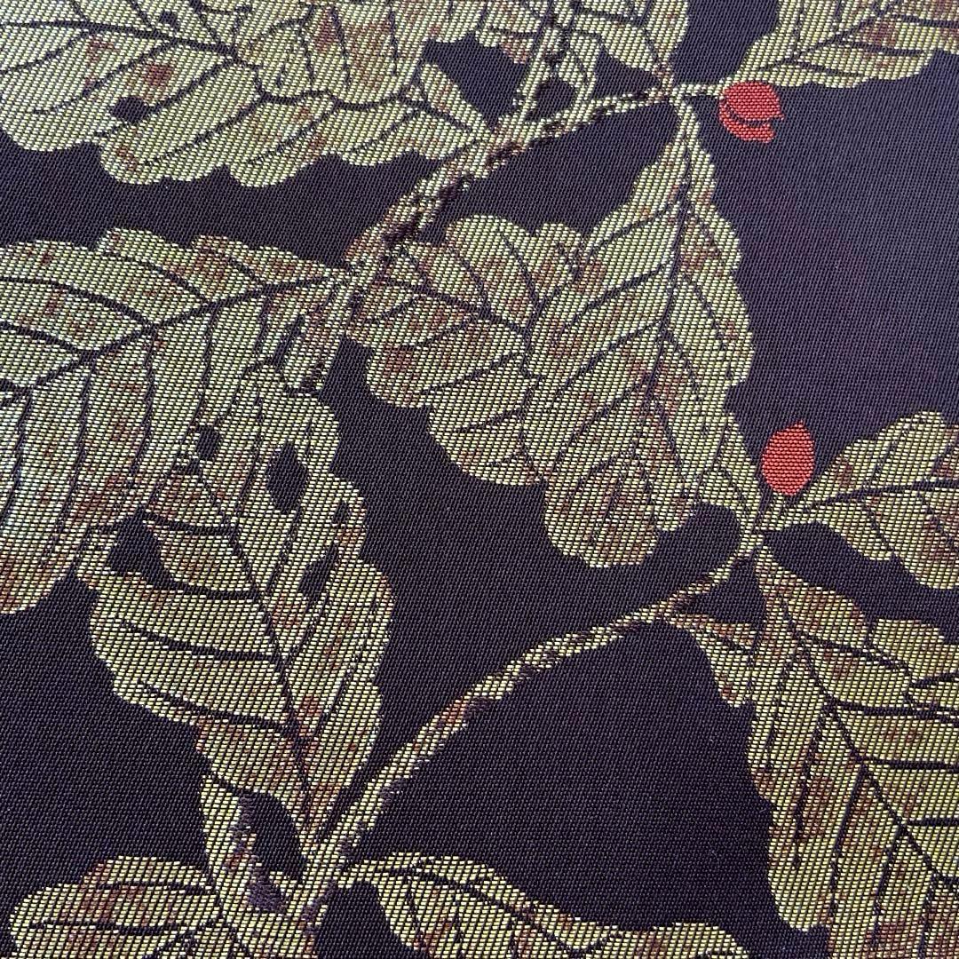 焦茶に金糸きらめく葉文の帯 リメイク バンブーハンドルバッグ 浅型マチ広め