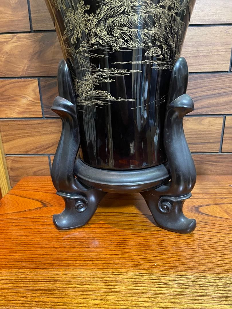 中国古玩　福建漆器 金彩画　大花瓶　台付