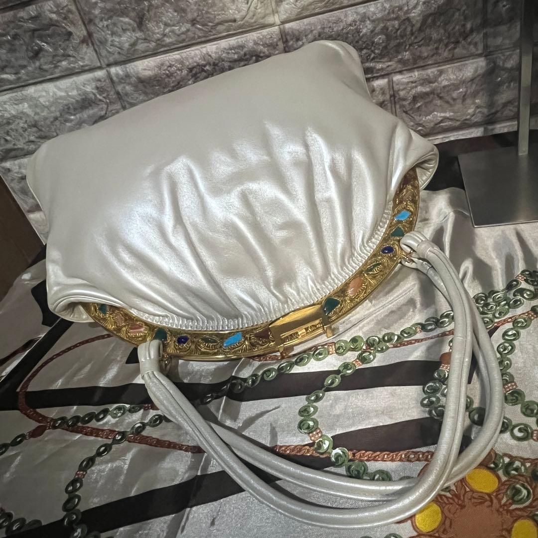 希少☆美品☆本革濱野皮革工藝 HAMANOがま口貴石 サンピエトロ ハンドバッグ