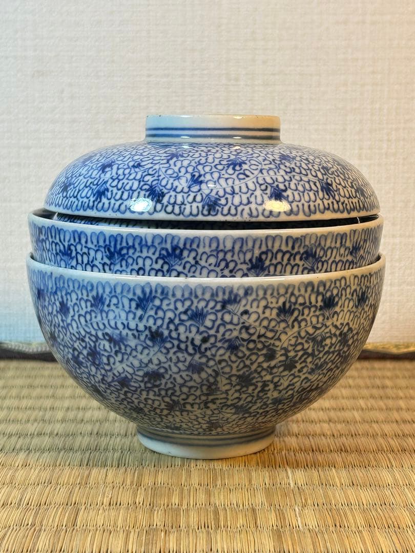 古伊万里染付 微塵唐草模様飯茶碗 江戸時代後期　2客 無傷
