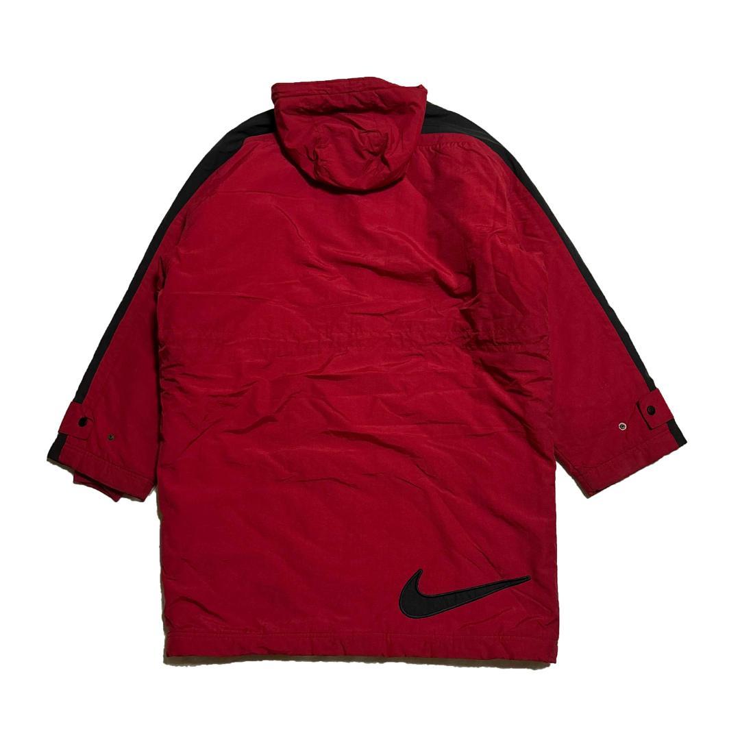 90s NIKE ベンチコート ロング 赤 黒 スオッシュ M 中綿 古着