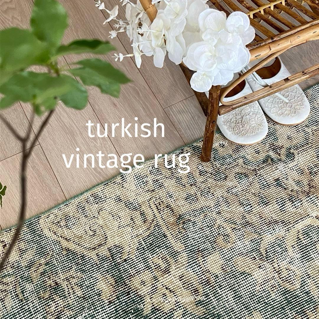 スカイブルー82×185シャビー　エメラルド　ランナー　トルコヴィンテージラグ