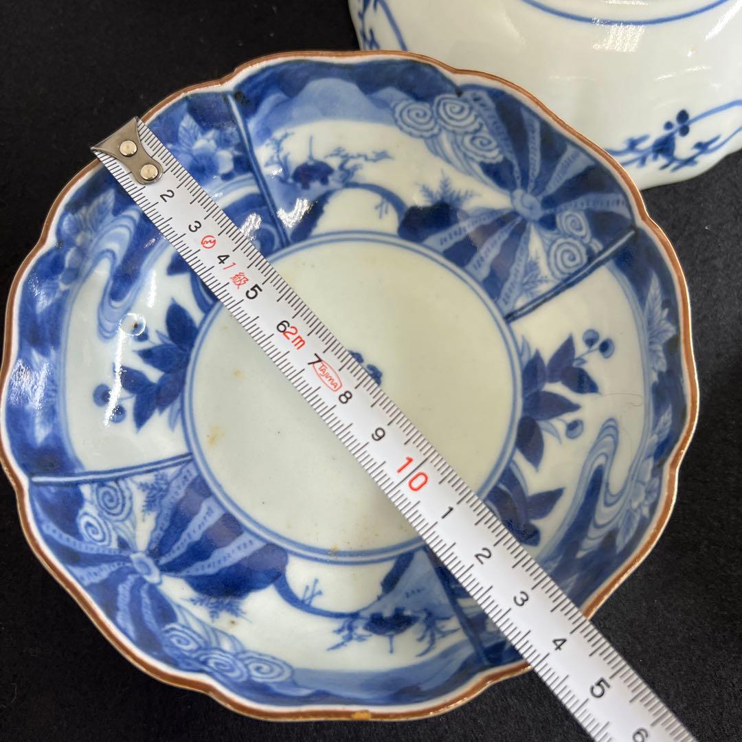 江戸中期　藍柿右衛門手輪花膾皿5枚　幅約14㎝　東Y8-0106☆2F