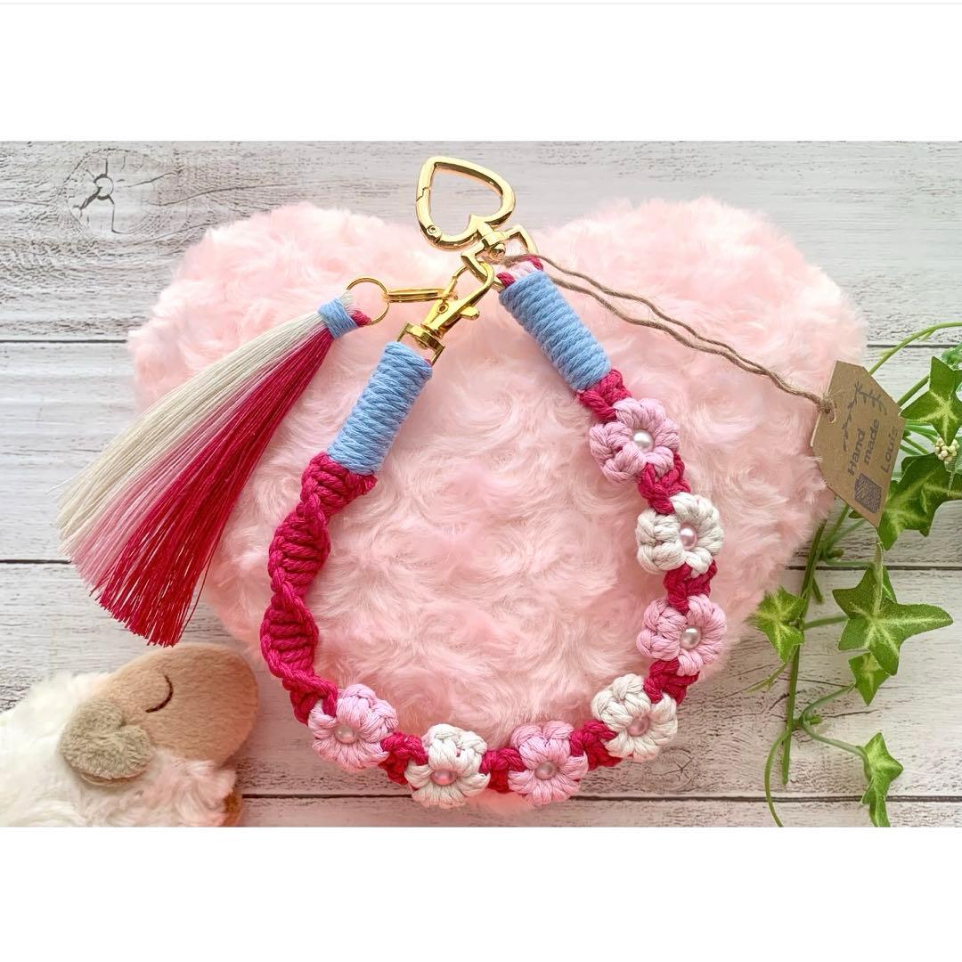 マクラメ フラワー ハートリング ハンドストラップ キーホルダー AL4-20