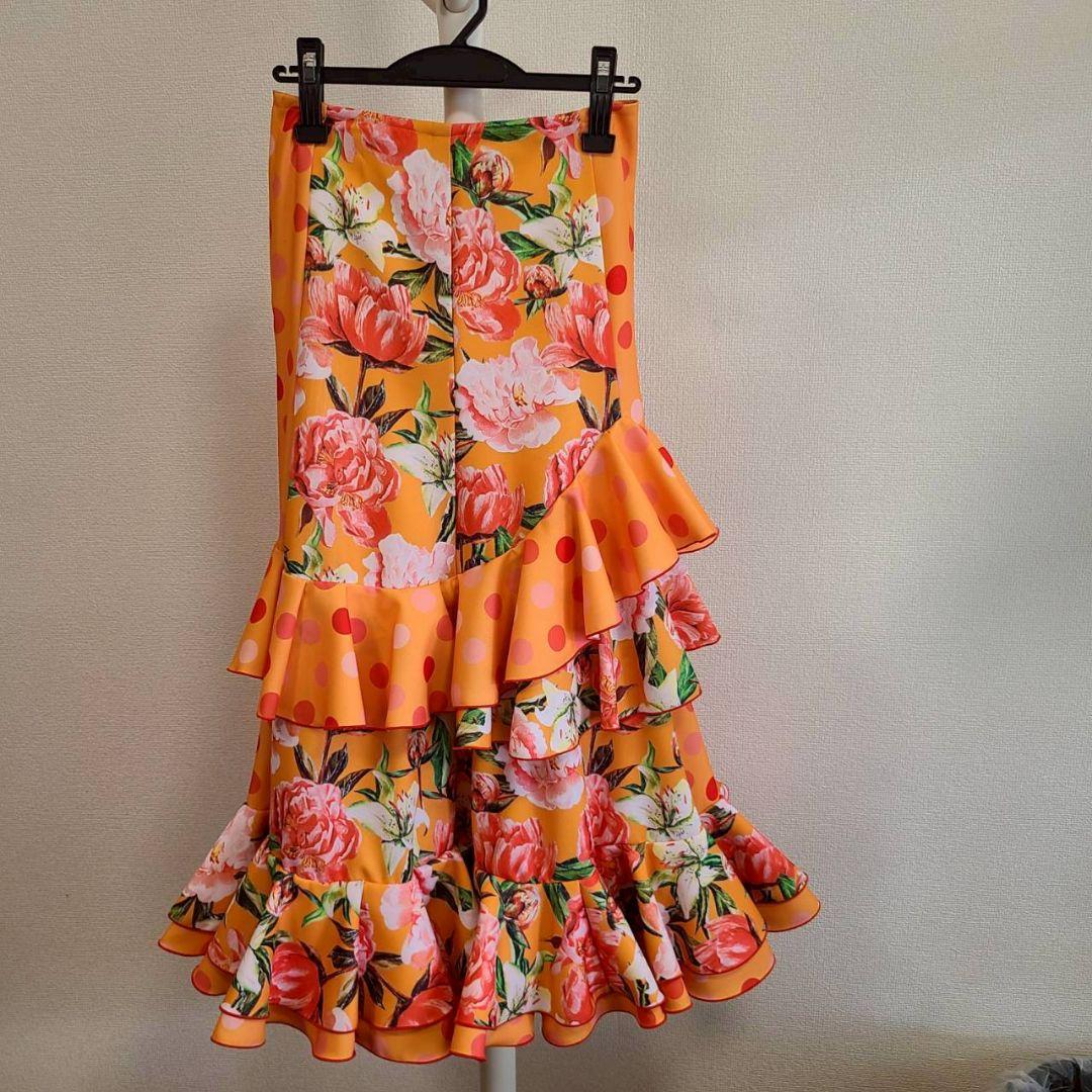 フラメンコスカート オレンジ 花柄 ドット