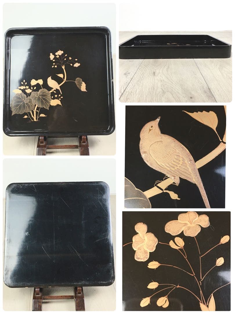 S372懐石膳 四方盆 花鳥蒔絵 5客揃 真塗木製 時代物