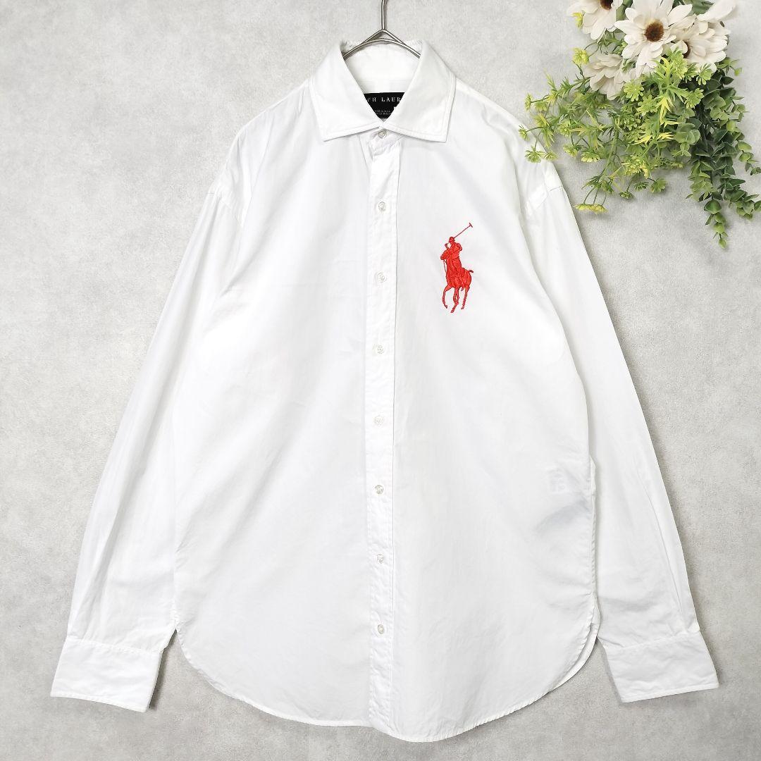 ラルフローレン ビッグポニー コットンシャツ ホワイト 刺繍 カラーキーパー