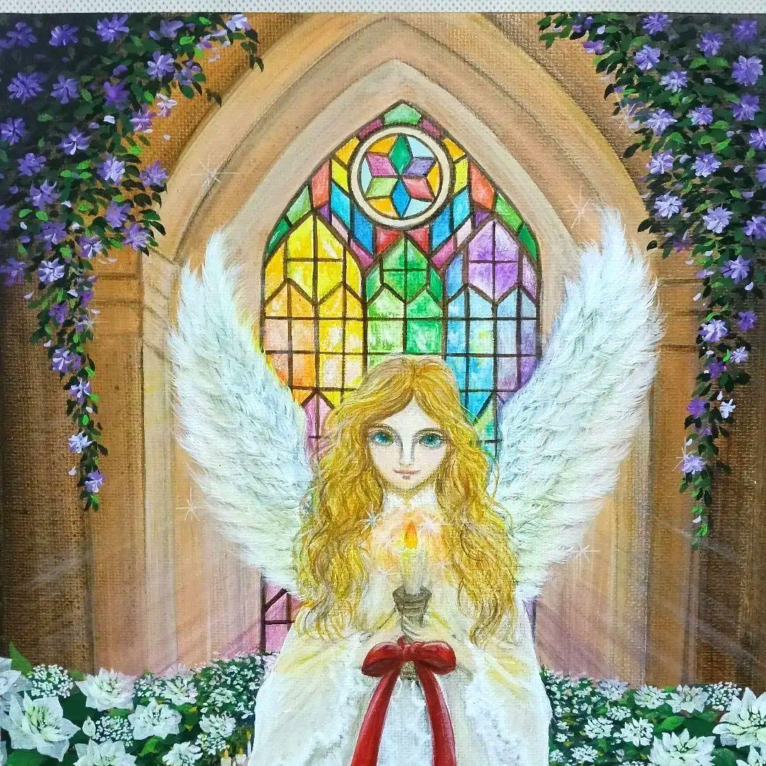 No.557 F3　天使　絵画　アクリル画　クリスマスローズ　ステンドグラス