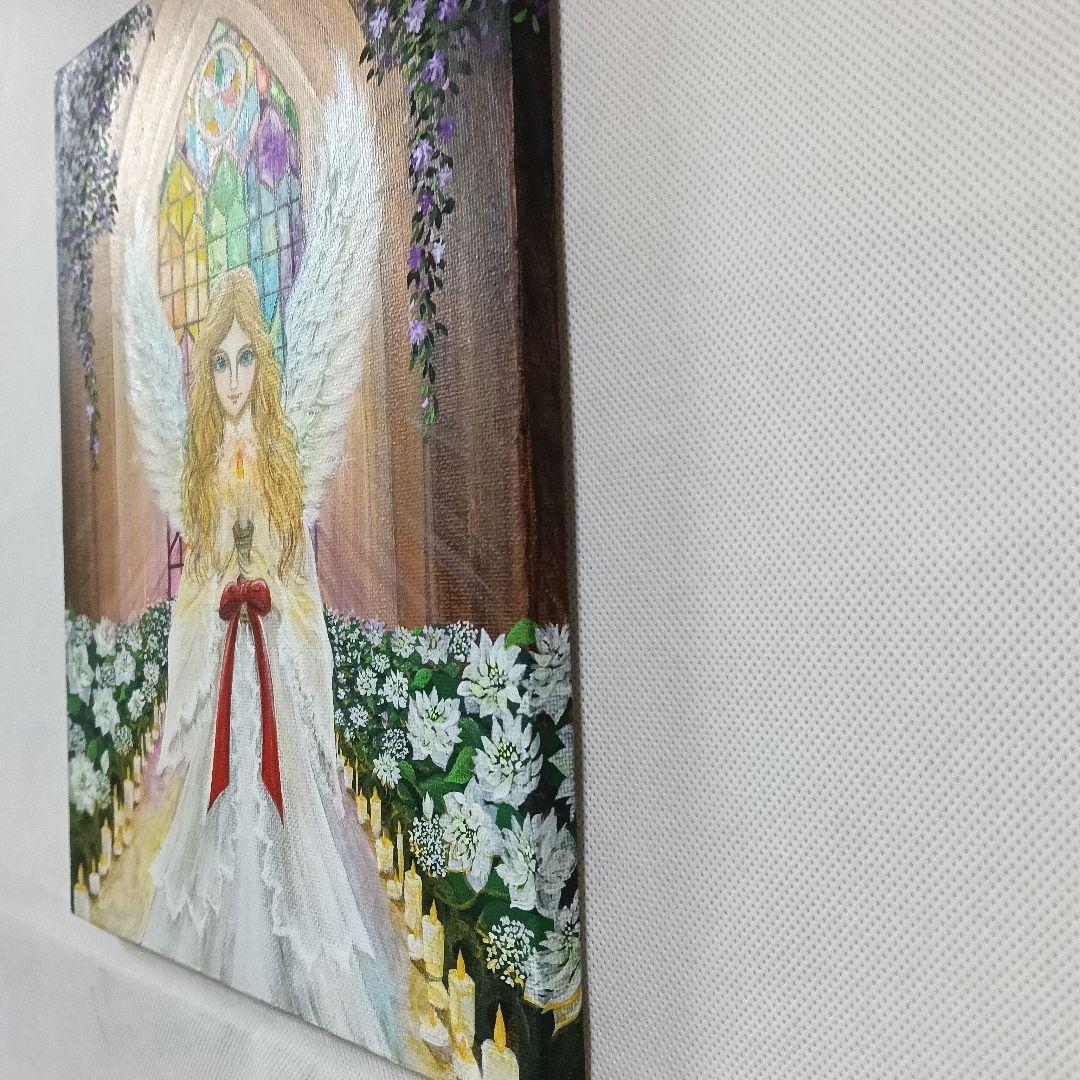 No.557 F3　天使　絵画　アクリル画　クリスマスローズ　ステンドグラス