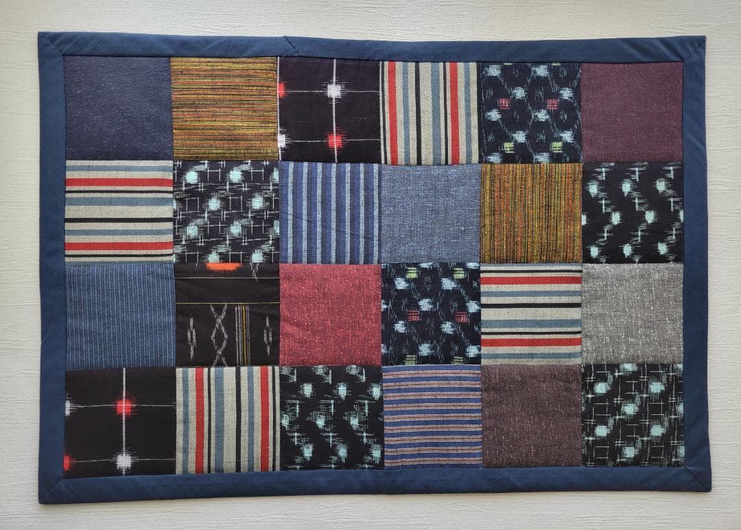 卵かけごはん 四角つなぎのパッチワークマット もめん古布 2点