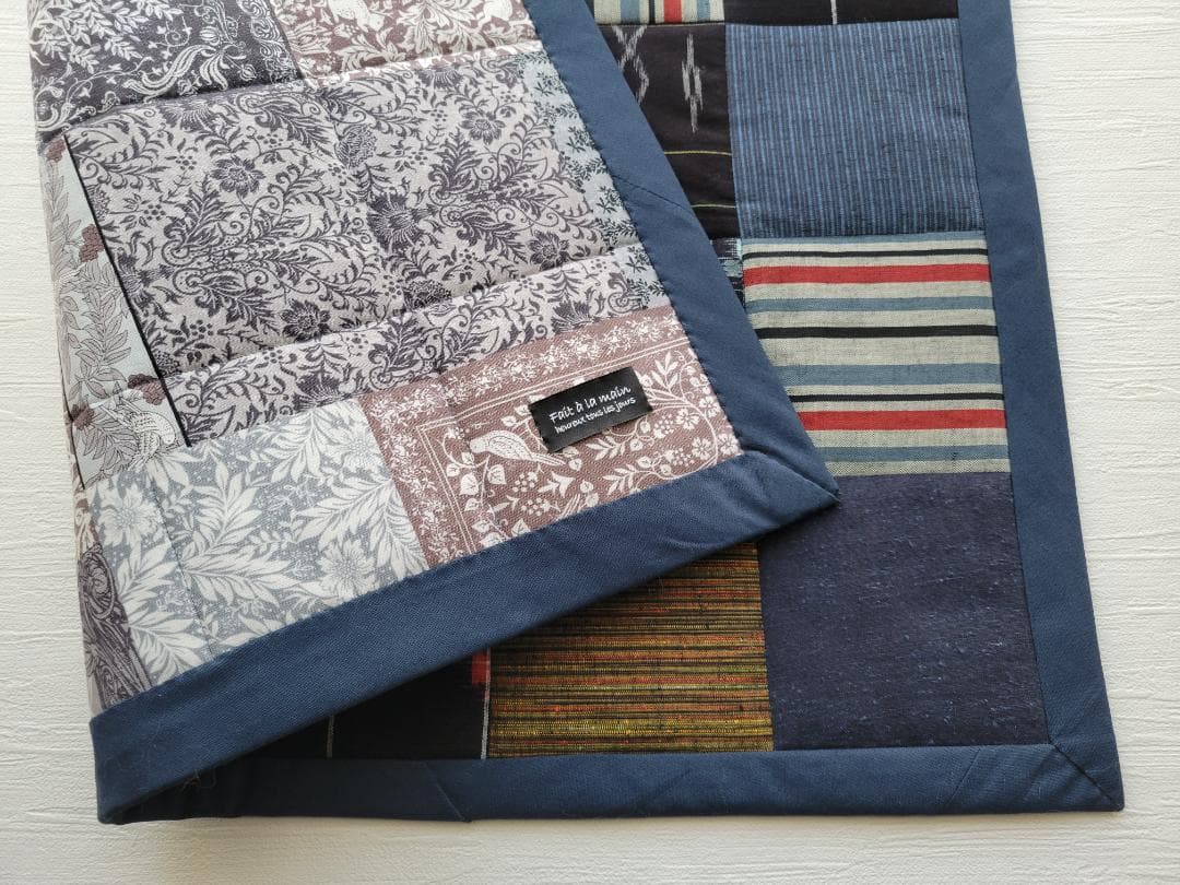 卵かけごはん 四角つなぎのパッチワークマット もめん古布 2点