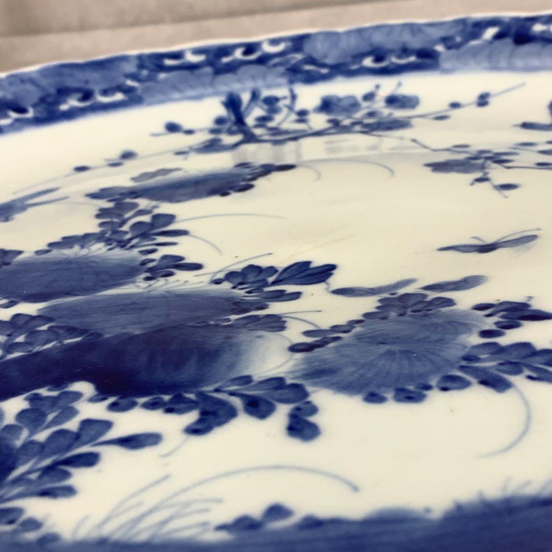 大皿 直径 42.2 cm !大皿 蝶々 花鳥 梅 染付 昭和レトロ 飾り皿②