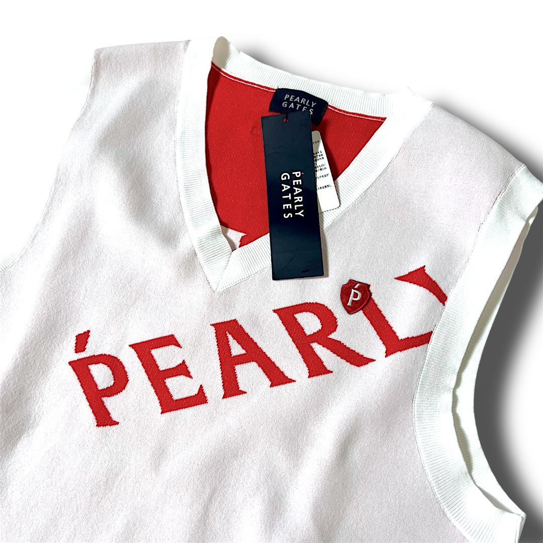 5 パーリーゲイツ ローカルポリ メゾンビッグロゴ Vネック ニットベスト 白赤