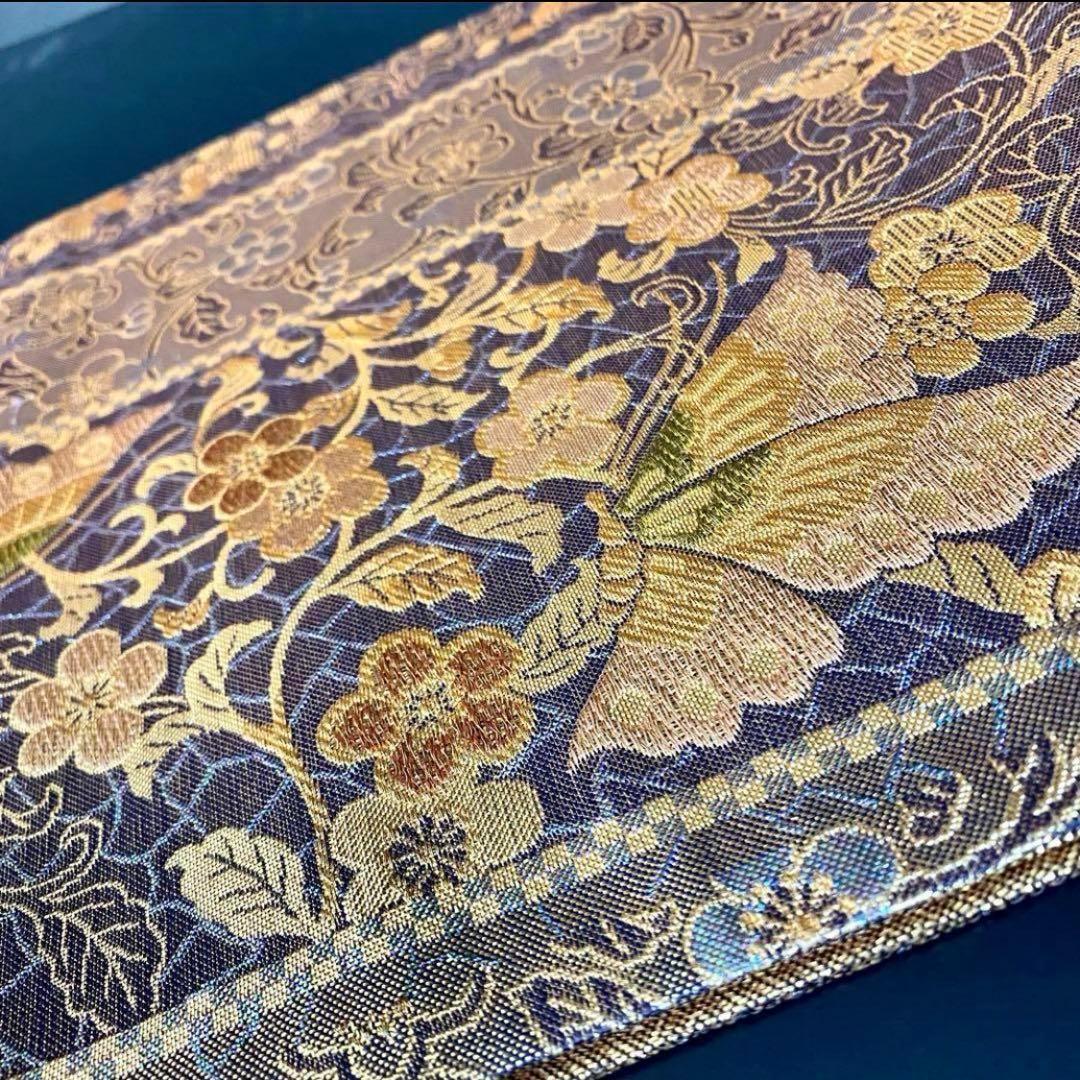 ZY-635 袋帯 蝶 花唐草 六通 縦柄 金糸 正絹 高級 名品
