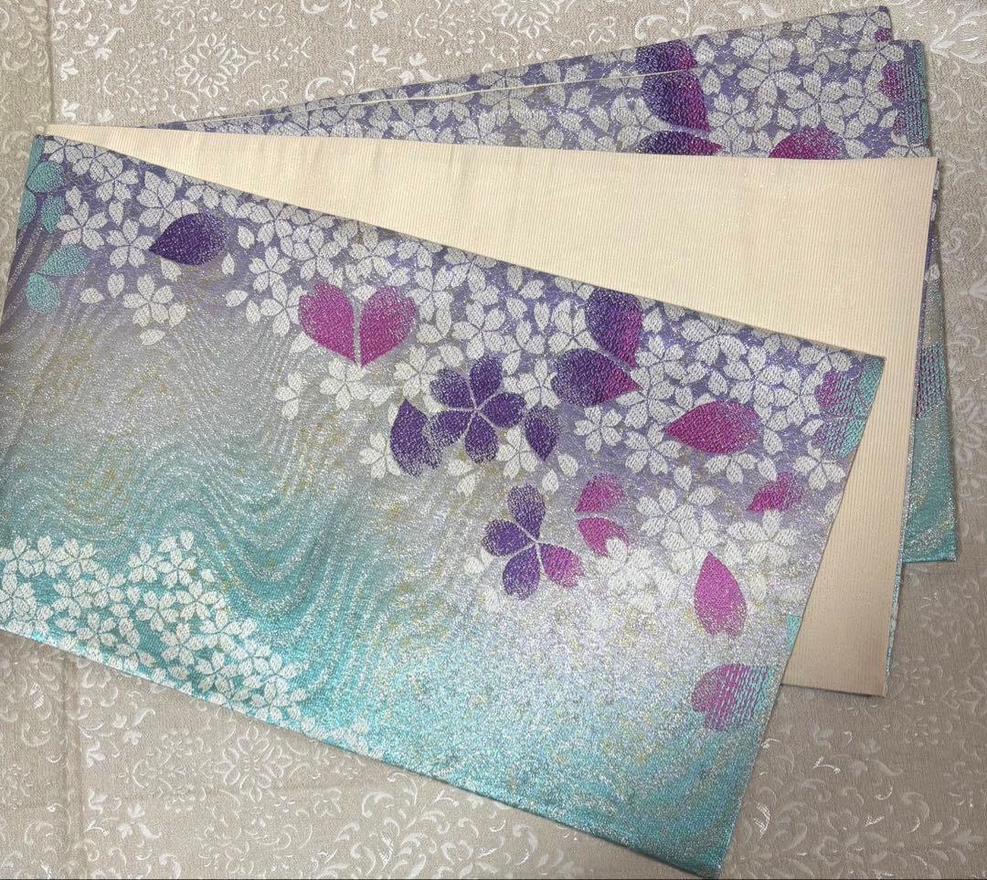 煌めき感　ラメ　華やか　パステルカラー　袋帯　振袖に　441㎝　桜花図　美品