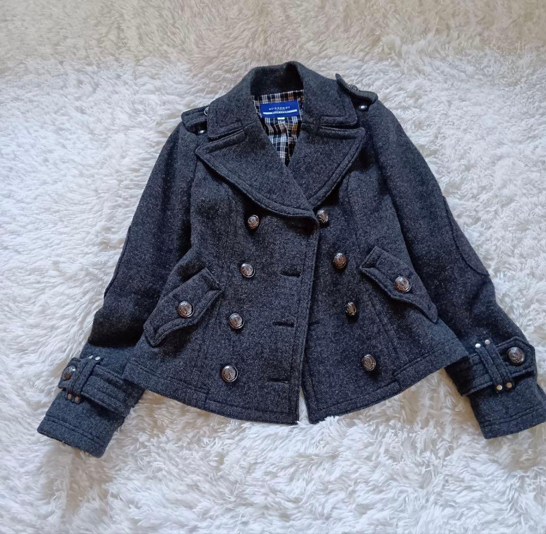 【バーバリー ブルーレーベル】Pコート 銀ボタン ノバチェック ダブル 36